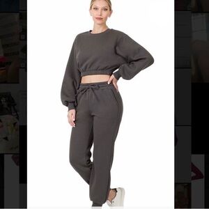 NWOT Zenana 2 Piece Matching Jogger Set Oversized CropTop Gray Women’s Sz Small